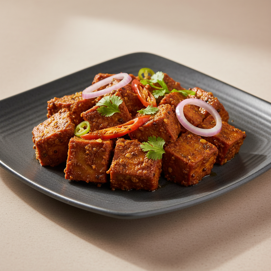 Tangy Achari Chaap with coriander, pickled chili and onion