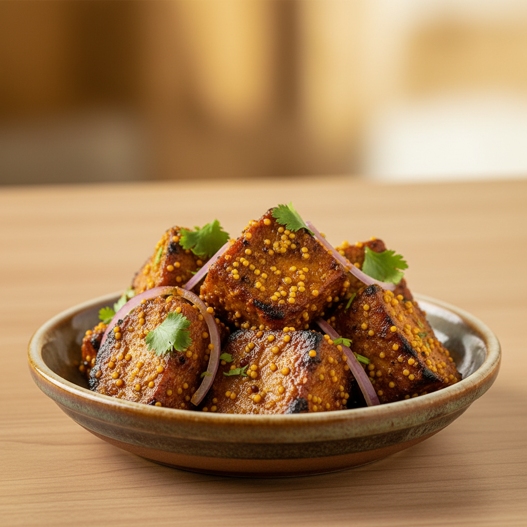 Close-up of smoky Achari Chaap with mustard seeds and spices