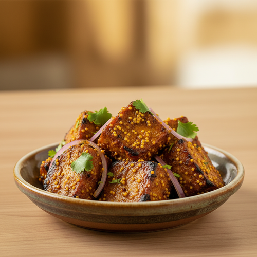 Close-up of smoky Achari Chaap with mustard seeds and spices