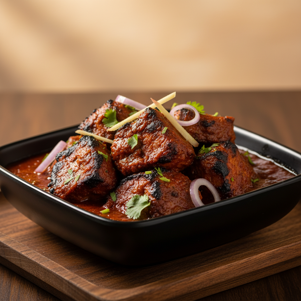 Close-up of smoky Rogan Gravy Chaap in deep red spiced gravy