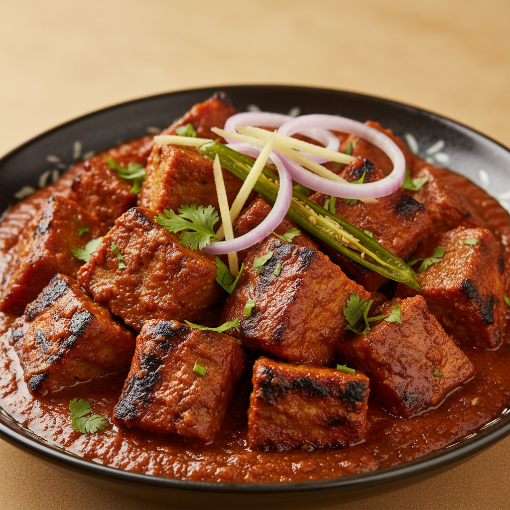 Close-up of smoky Masala Gravy Chaap in thick spicy masala gravy
