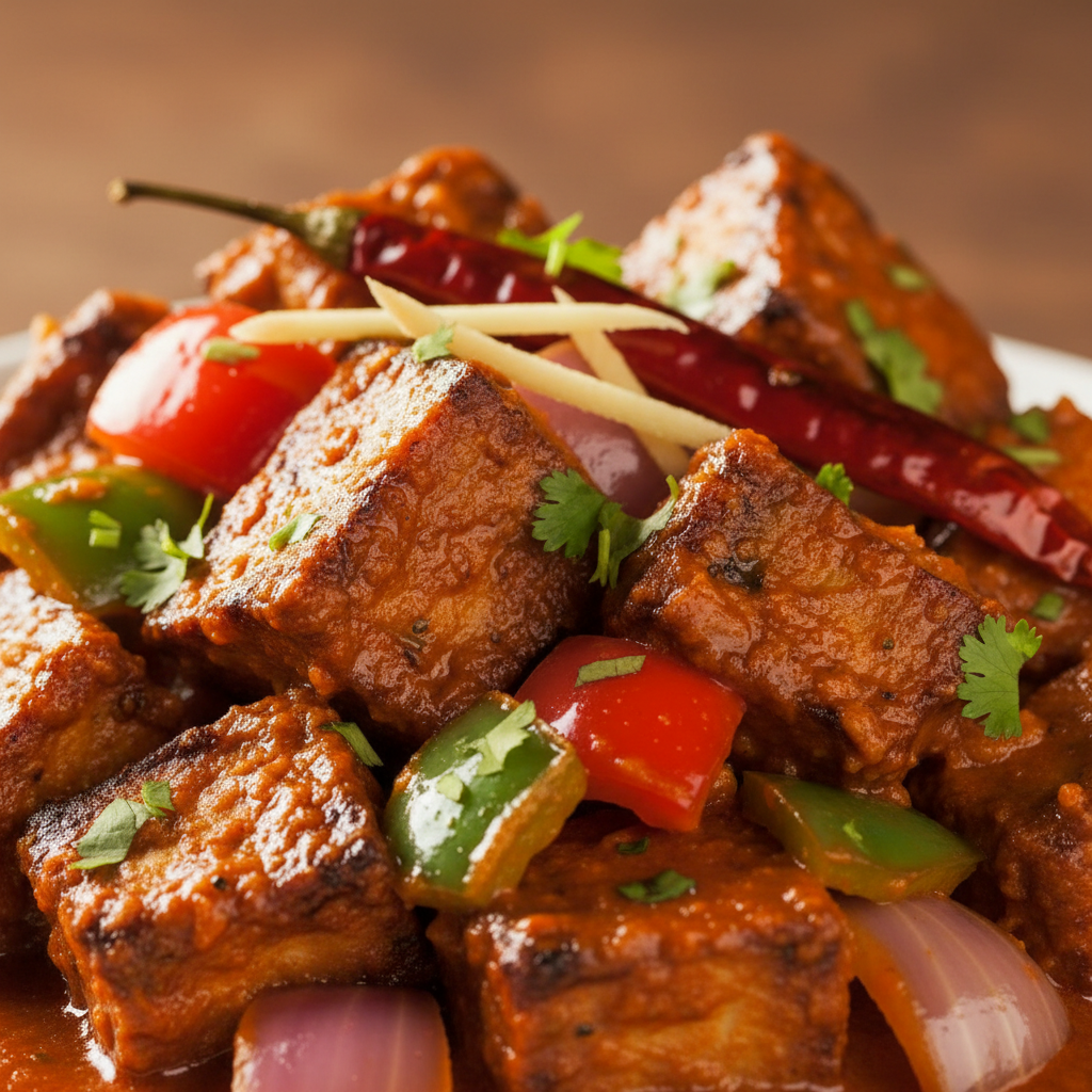 Close-up of smoky Kadhai Gravy Chaap in thick spicy kadhai gravy