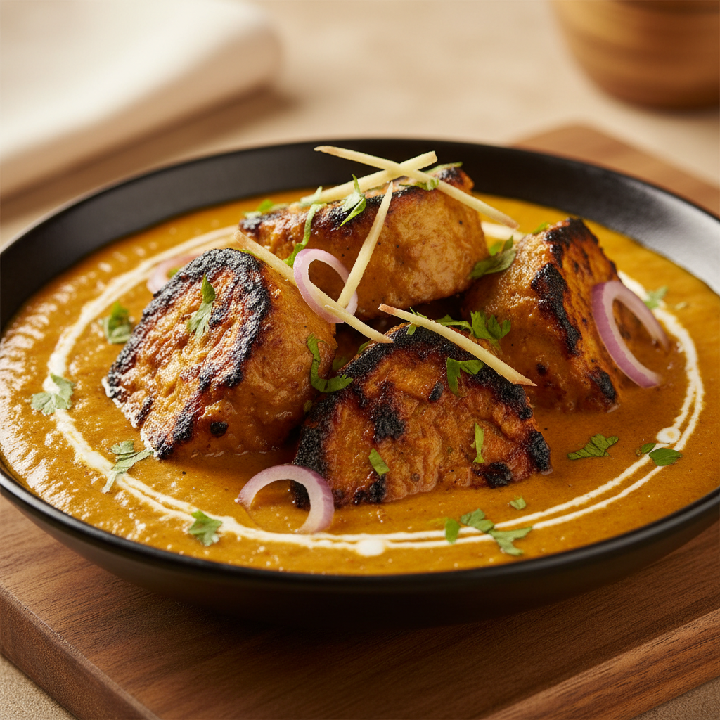 Close-up of smoky Korma Gravy Chaap in creamy golden korma sauce