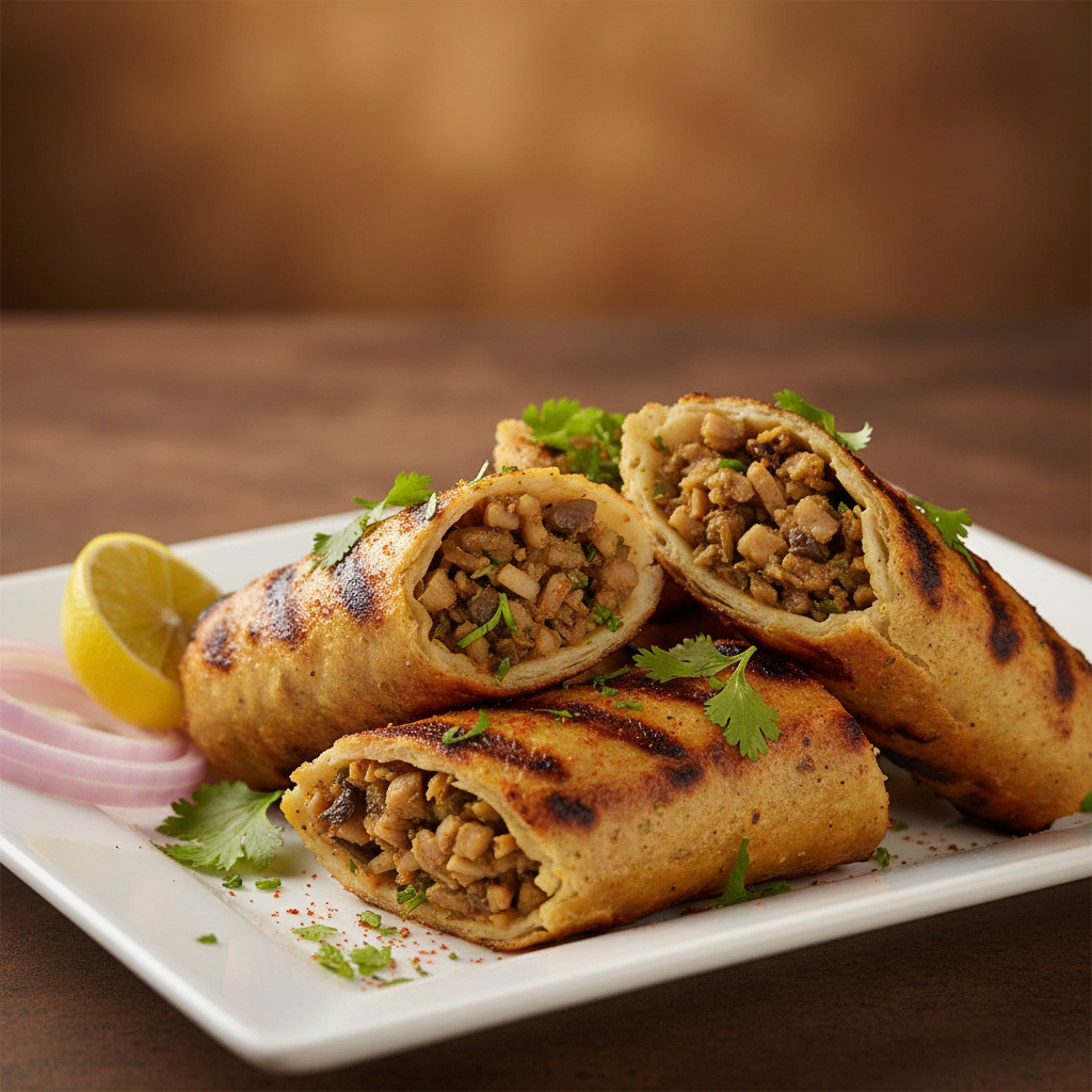 Close-up of grilled Stuffed Chaap rolls with savoury masala stuffing