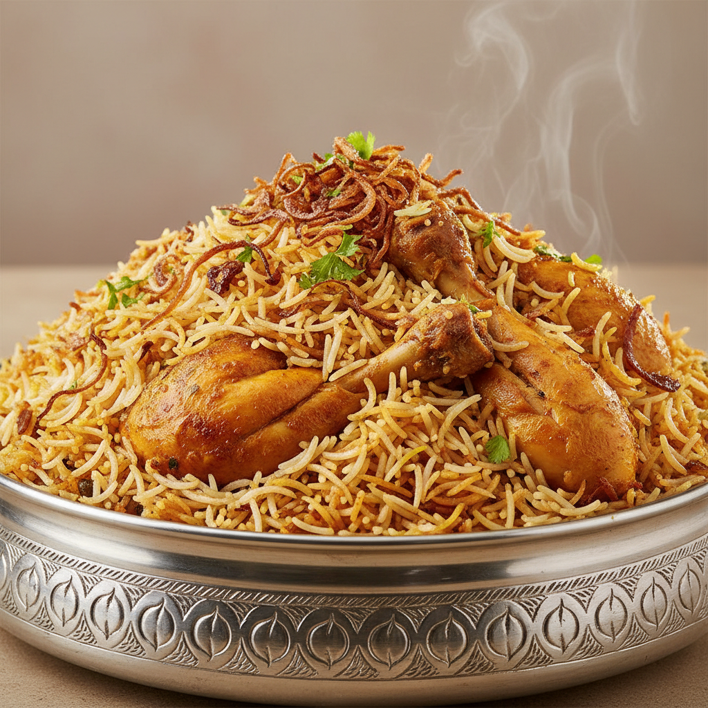 One kilogram serving of Chicken Biryani in a traditional dish