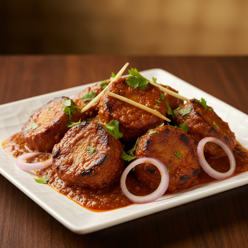Close-up of grilled Punjabi Chaap in thick Punjabi masala gravy