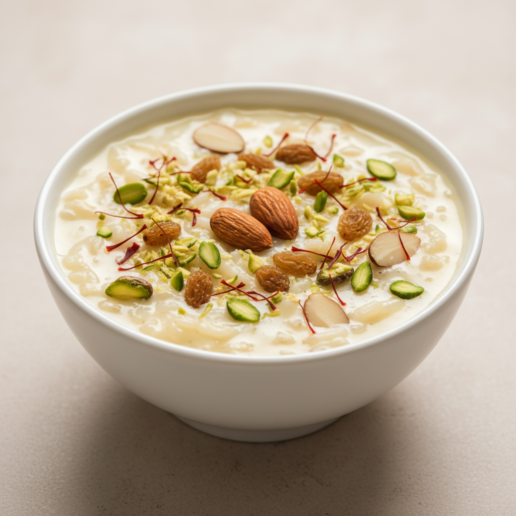 Creamy Special Kheer in a dessert bowl with nuts and saffron