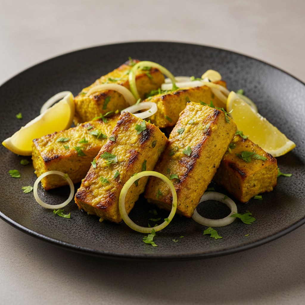 Lemon Chaap with lemon wedges, coriander and onion