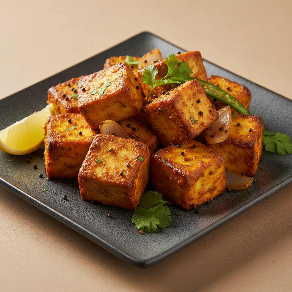 Achari Paneer Tikka with mustard seeds, coriander, onion and lemon