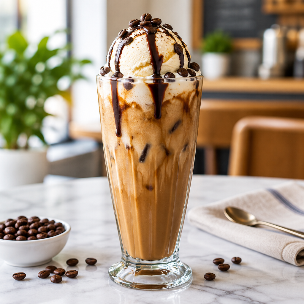 Cold coffee topped with a scoop of ice cream