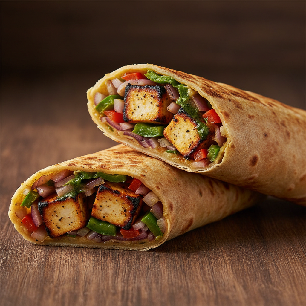 Paneer Tikka Roll with mint chutney and onions