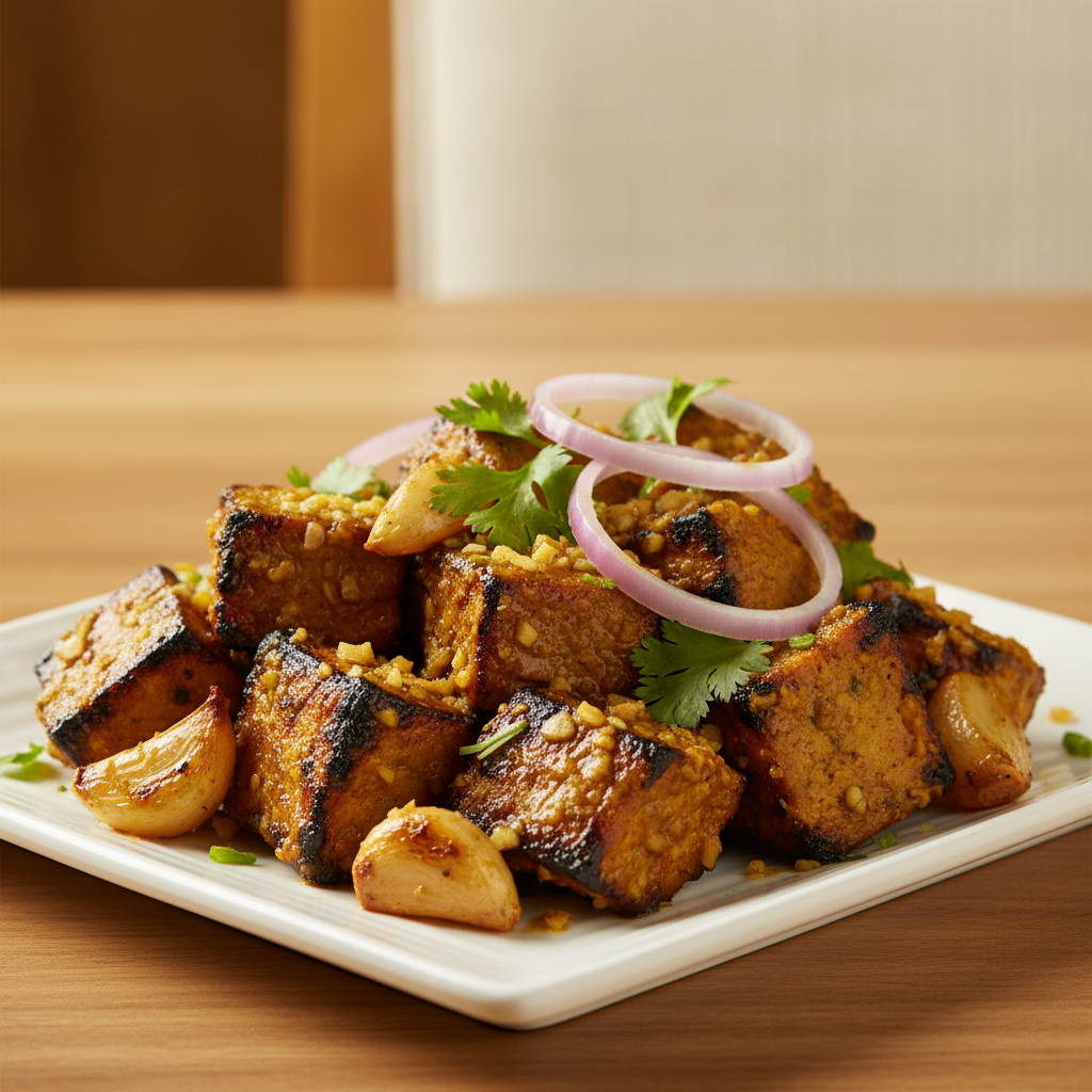 Close-up of grilled Garlic Chaap in golden garlic butter masala