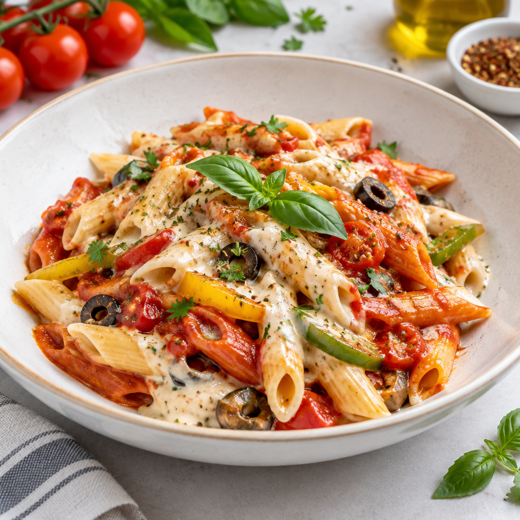 Mix sauce pasta with herbs