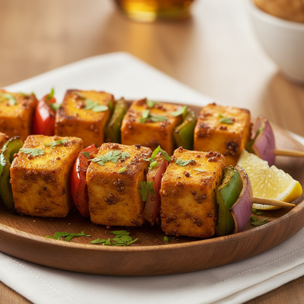Close-up of smoky Paneer Tikka Achari with tangy achari masala